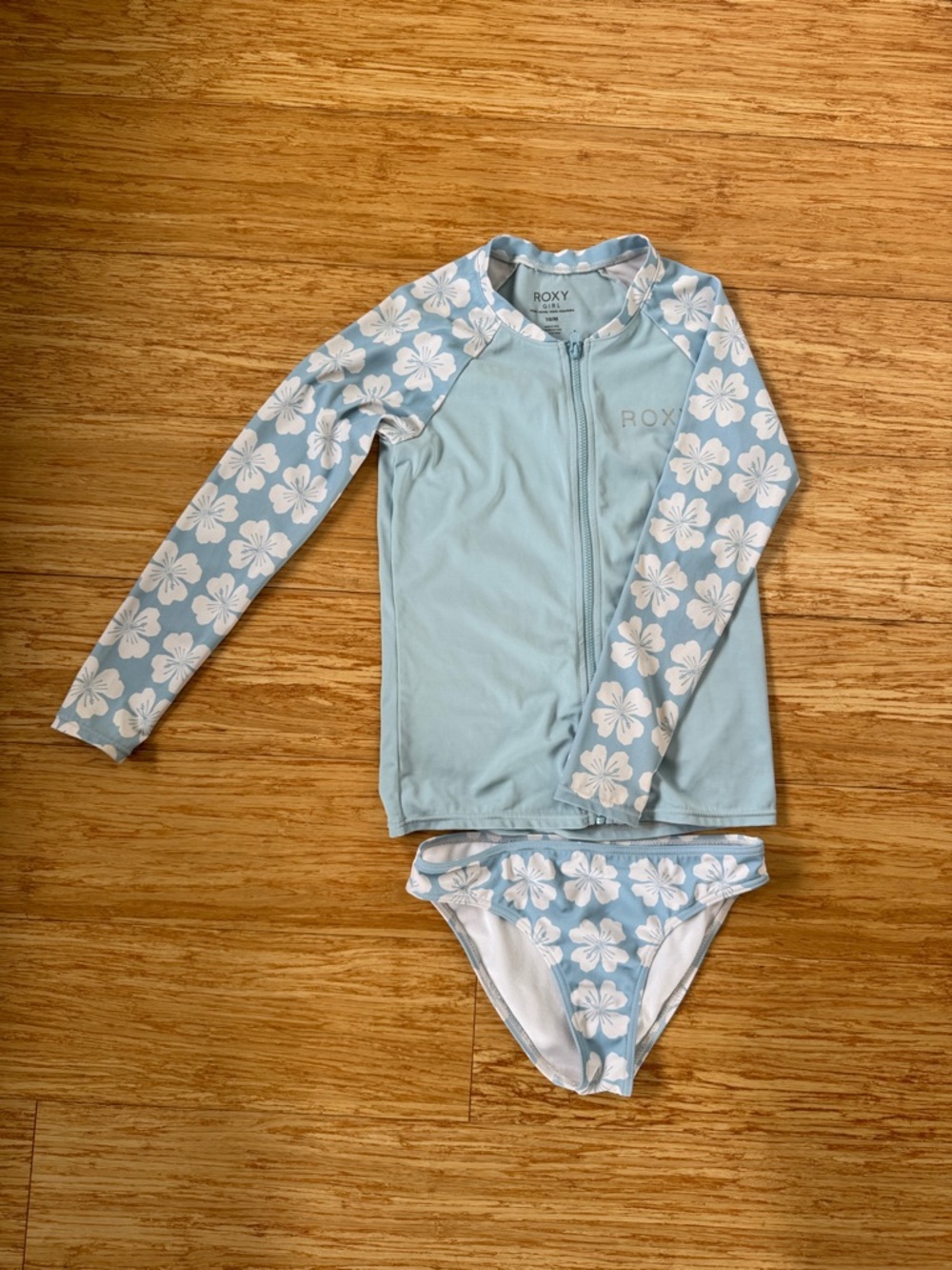 Roxy Light Blue Girls' Floral Long-Sleeve Rash Guard Set swimsuit new bottoms